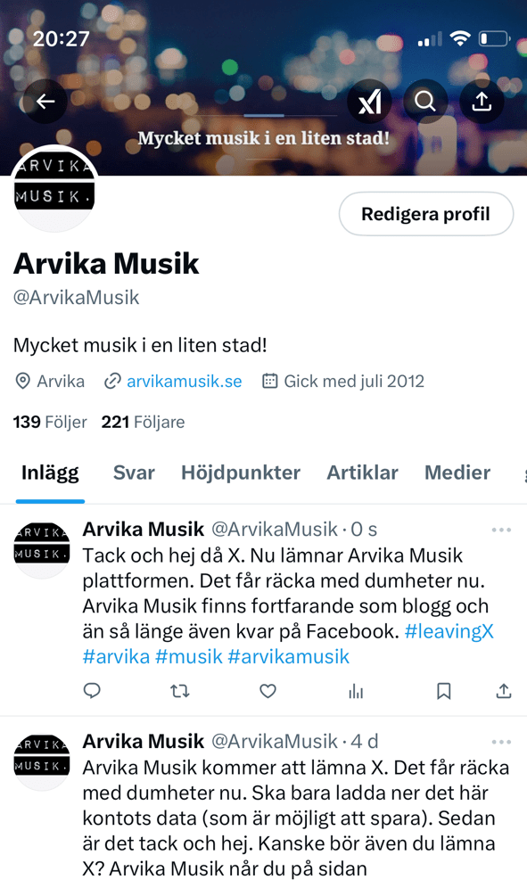 6250 inlägg blev det för Arvika Musiks del på plattformen X (Twitter) innan det inaktiverades i mars 2025.