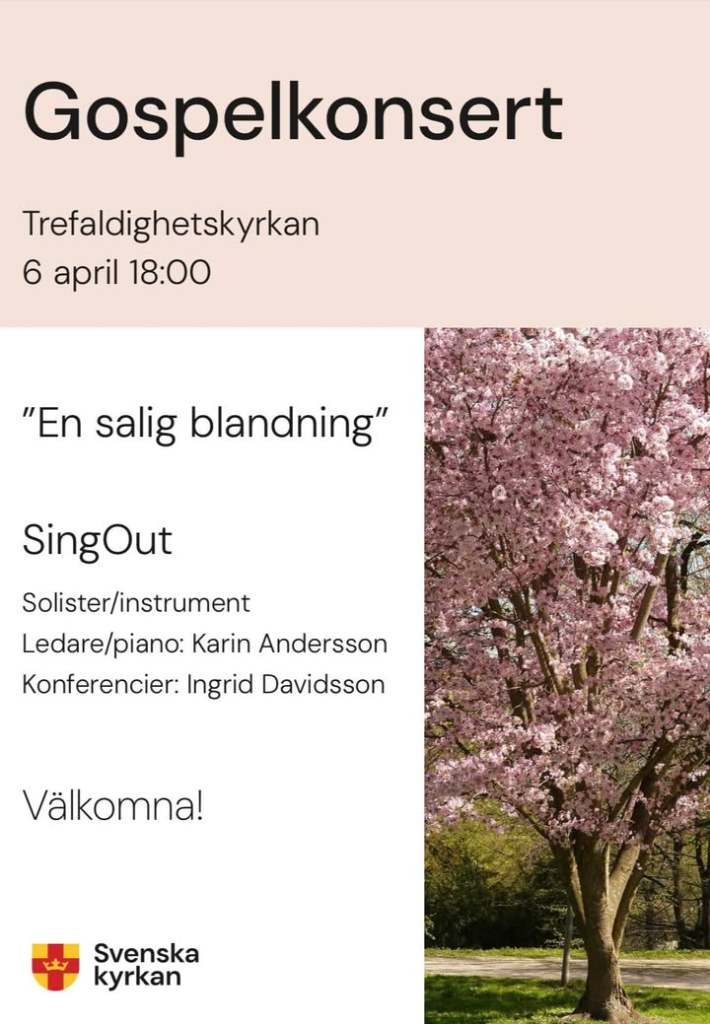 Affisch: Gospelkonsert med SingOut 2025-04-06.
