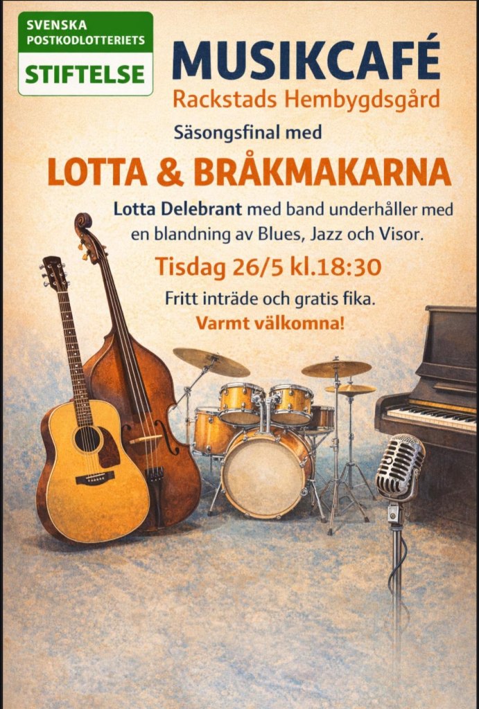 Affisch: Musikcafé på Rackstads Hembygdsgård.