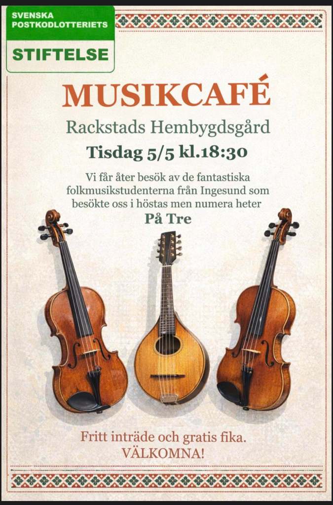 Affisch: Musikcafé på Rackstads Hembygdsgård.