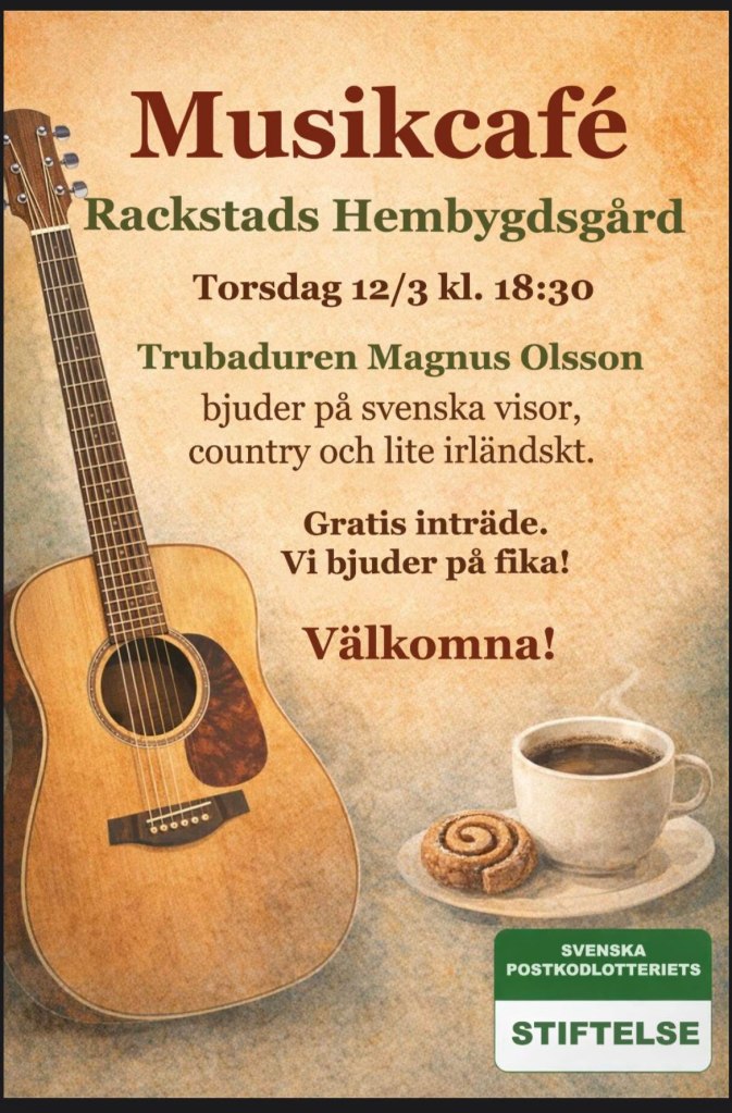 Affisch: Musikcafé på Rackstads Hembygdsgård.