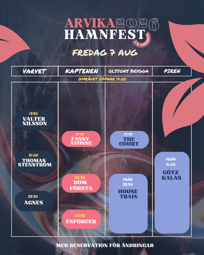 Spelschema Arvika hamnfest 2026, fredag 7 augusti.