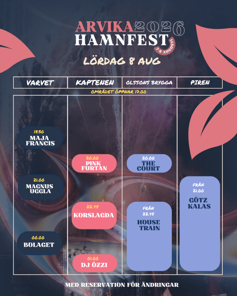 Spelschema Arvika hamnfest 2026, lördag 8 augusti.